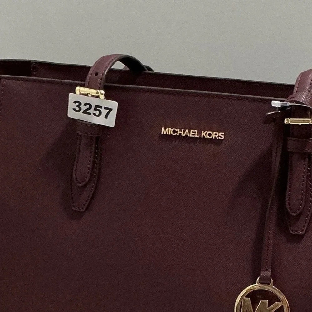 Michael Kors Voyager East West Tote Bag Burgundy Crossgrain Leather Gold Tone